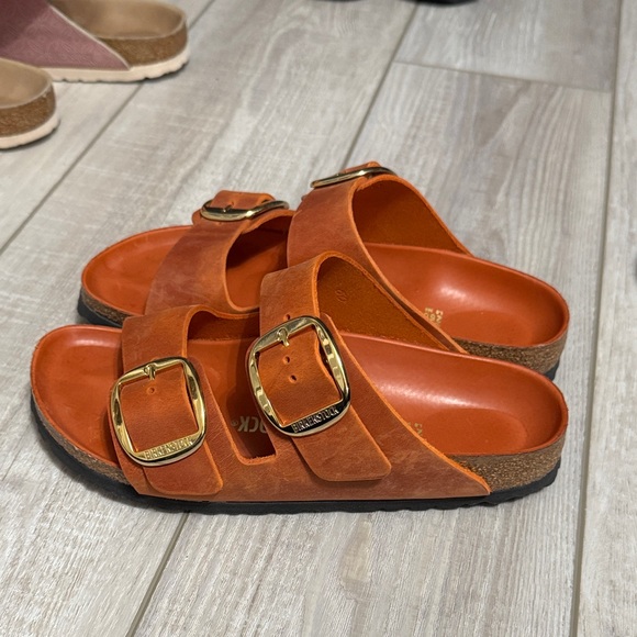 Birkenstock Orange Sandals with Gold Buckles - Picture 2 of 4